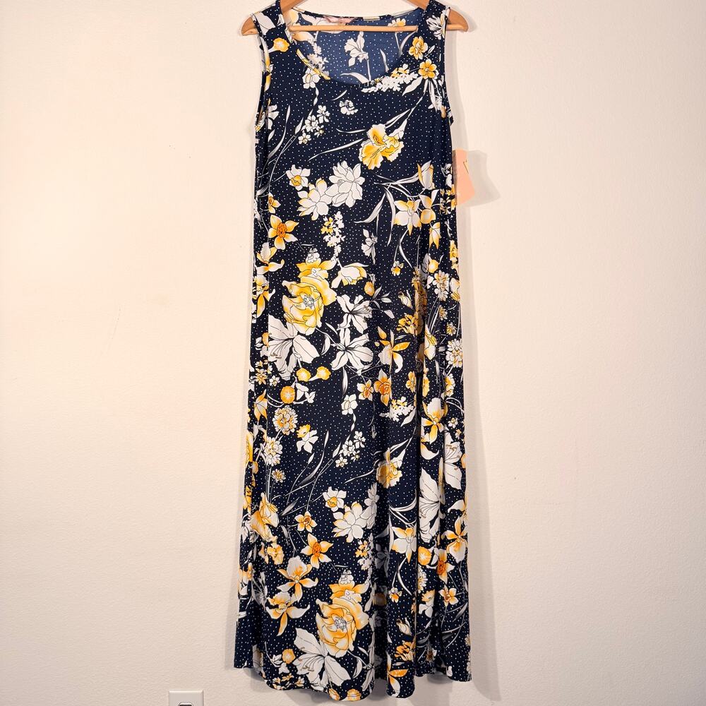 Jesse & J Large Navy Yellow Floral Sleeveless Maxi Dress New With Tags